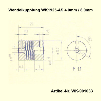 Wendelkupplung WK1925-AS | Bohrung d=4.0mm / d1=8.0mm | Aluminium | Restposten