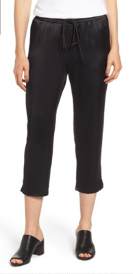GIBSON Smooth Satin High Rise Cropped Jogger Pants With Slits Hem, Black, XS 