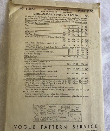 Vintage 1940s Vogue Special Design Pattern S4866 - Dresses-B:32”RARE-Complete - Picture 5 of 5