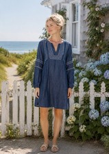 Pure Jill Indigo Tencel Lyocell Embroidered Shift Dress Blue Large Petite LP