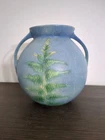 Antique Roseville Blue Windsor Art Pottery Garden Fern Round Vase with Handles