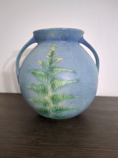 Antique Roseville Blue Windsor Art Pottery Garden Fern Round Vase with Handles