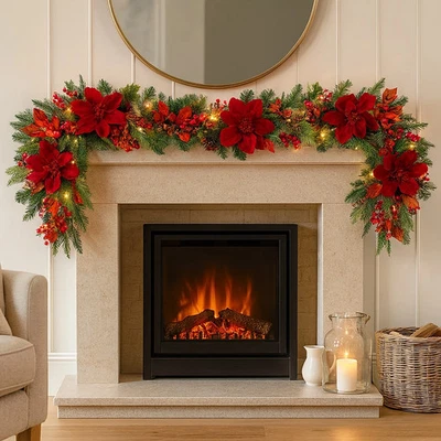 HOME ZONE 9ft Red Pre Lit Christmas Poinsettia Garland Wreath Decoration Batteries Xmas