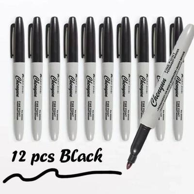 12pcs Black Permanent Marker Pens Fine Tip Waterproof Quick Dry Ink