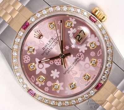 Rolex Datejust 36mm Two-Tone Jubilee Diamond & Ruby Bezel Pink Floral Motif Dial
