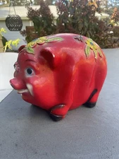 Vintage Carnival Chalkware Piggy Bank Red With House Flies & Flowers Fly Plaster