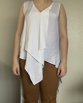 BCBGMAXAZRIA White High-Low Cascading V-Neck Sleeveless Blouse Top XS Defect