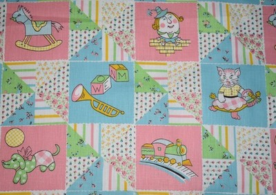 Vintage Nursery Rhyme Fabric Cheater Quilt 36'' x 36'' Humpty Dumpty Baby Toys Cat