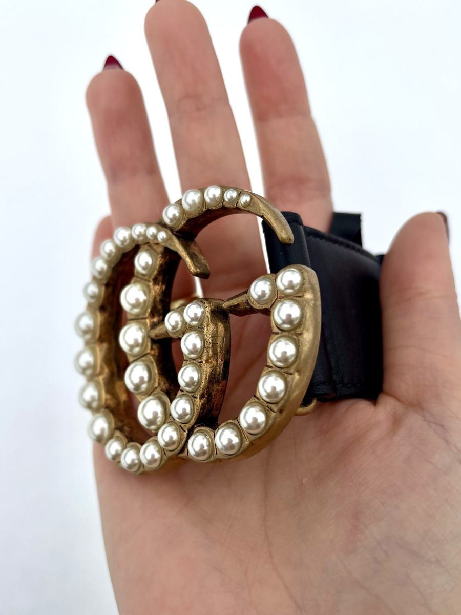 New! Gucci Black Leather Belt with Pearl-Embellished Double G BuckleThin sz 90 Gucci Black Leather/Pearl Double G Belt Size 85/34 | Yoogi main image 2
