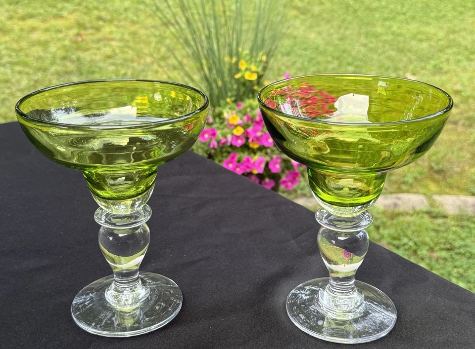 Vasos Pottery Barn Margarita (2) cuenco verde base transparente sustancial grueso 12 oz Foto 2 de 4