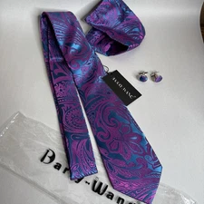 Barry Wang Paisley Tie Silk Blue & Purple Necktie Cuff Links Pocket Square