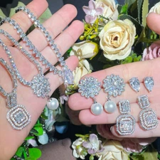 Silver Plated Long Drop Earrings Wedding Necklace Cubic Zirconia CZ Jewelry Set