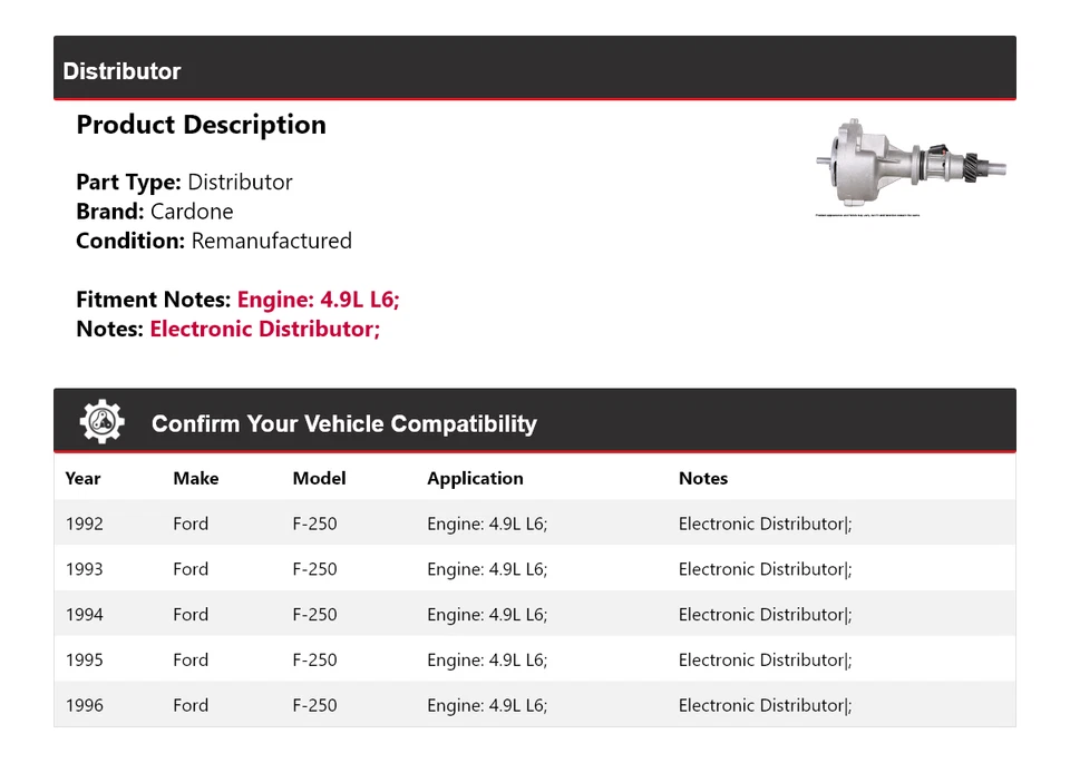 Ford F-250 1992-1996 4,9 L L6 distribuidor Cardone 1993 1994 1995 Foto 2 de 4