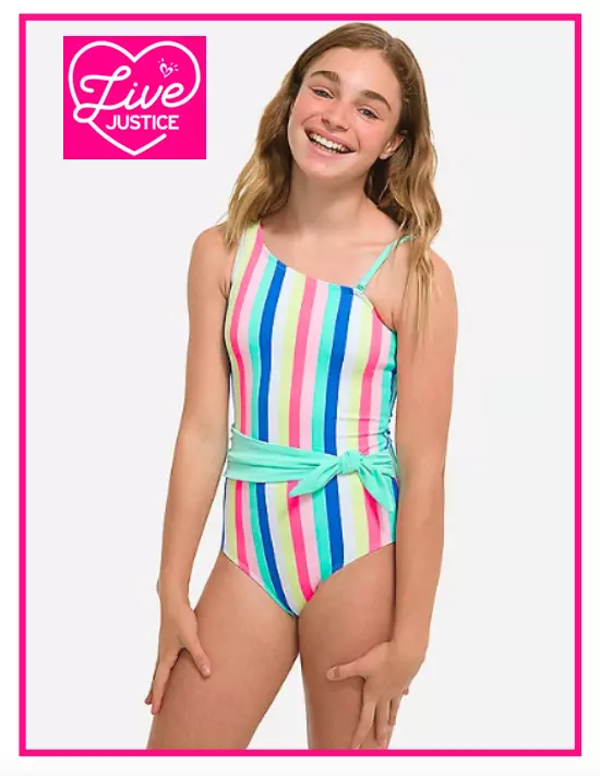 NWT JUSTICE GIRL 7 8 CANDY STRIPE ONE SHOULDER BOW ONE PIECE SWIMSUIT SWIMWEAR