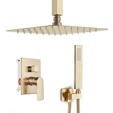 Bathroom 12" Rainfall Shower Faucet Set W/Hand Shower Brushed Gold Ceiling Mount