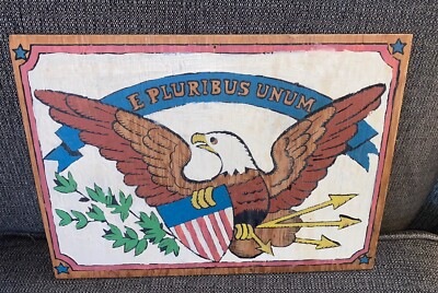Vtg USA Patriotic Wall Hanging Wood Hand Painted Eagle Folk Art Flag E Pluribus
