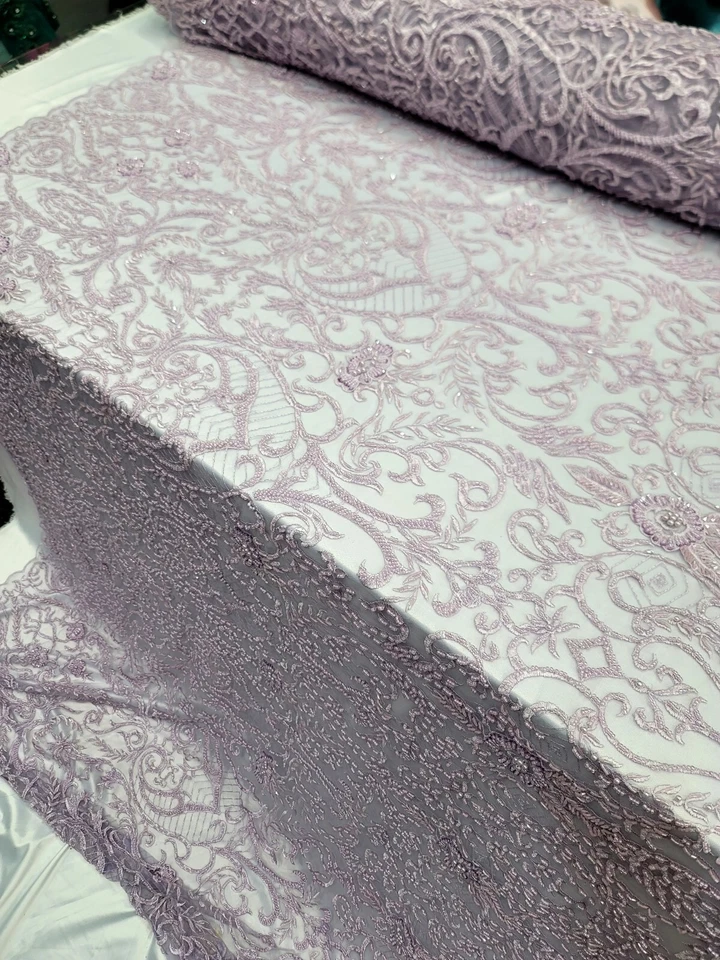 LAVENDER Beaded Lace Embroidery Lace Fabric Sold by The Yard Victorian Damask  - Image 3 of 4
