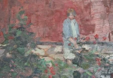 Impressionist Oil on Board Of Lady In Floral Garden Listed Artist Susan Grisell