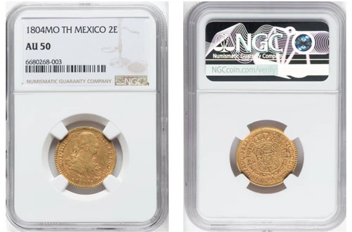 Mexico: Charles IV gold 2 Escudos 1804 Mo-TH AU50 NGC