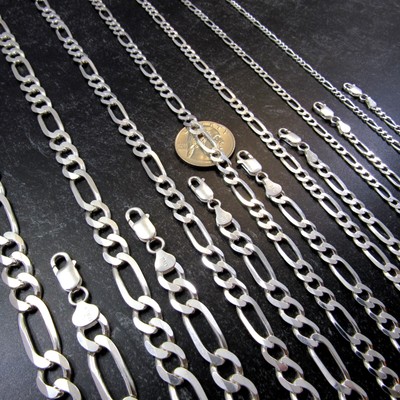 Solid 925 Sterling Silver Men's Italian Figaro Link Chain Bracelet or Necklace