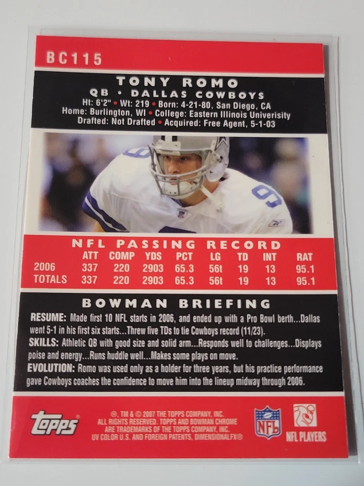TONY ROMO 2007 Bowman Chrome #BC115.  COWBOYS - Image 2 of 2