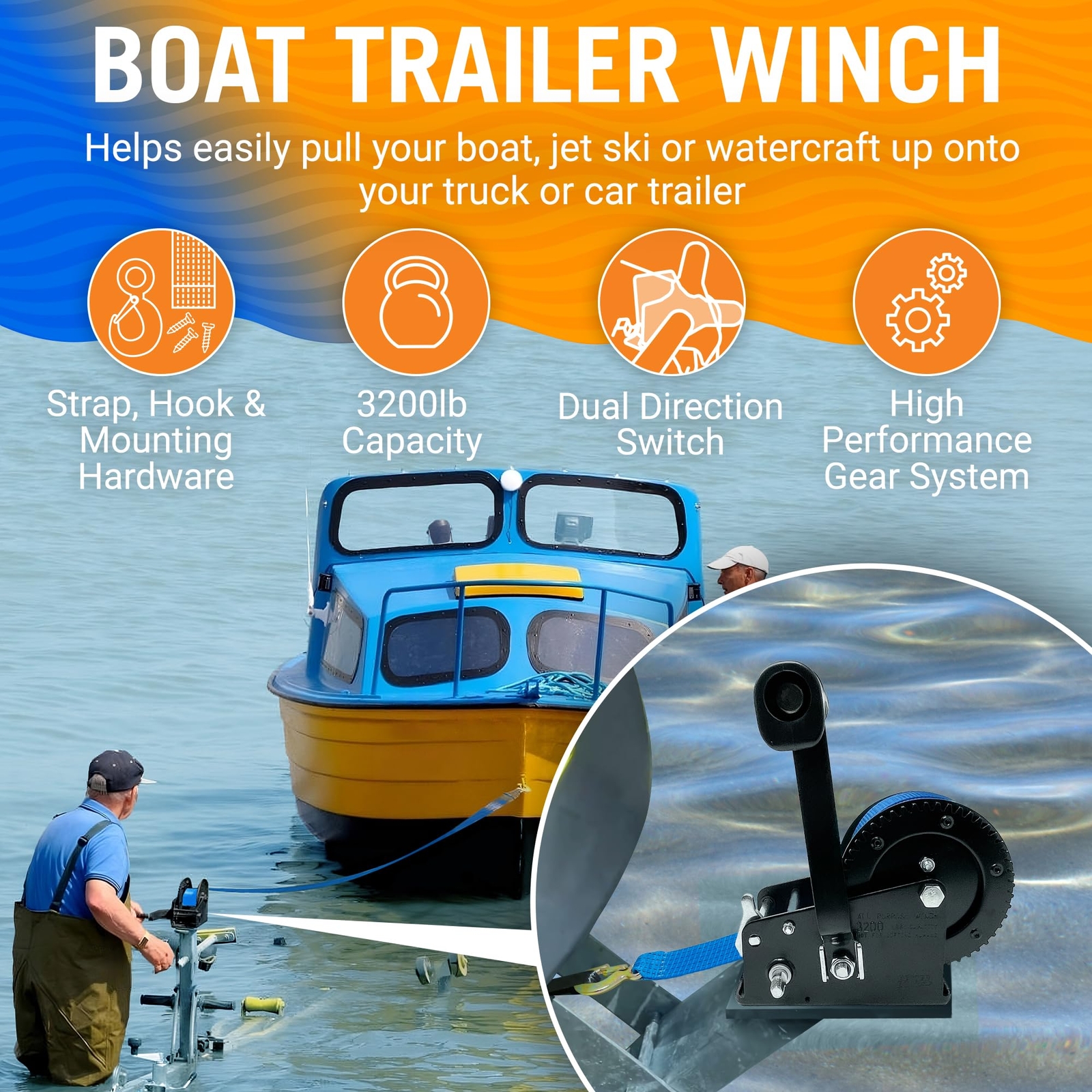 Boat Trailer Winch with Boat Winch Strap with Hook Manual Hand Winch