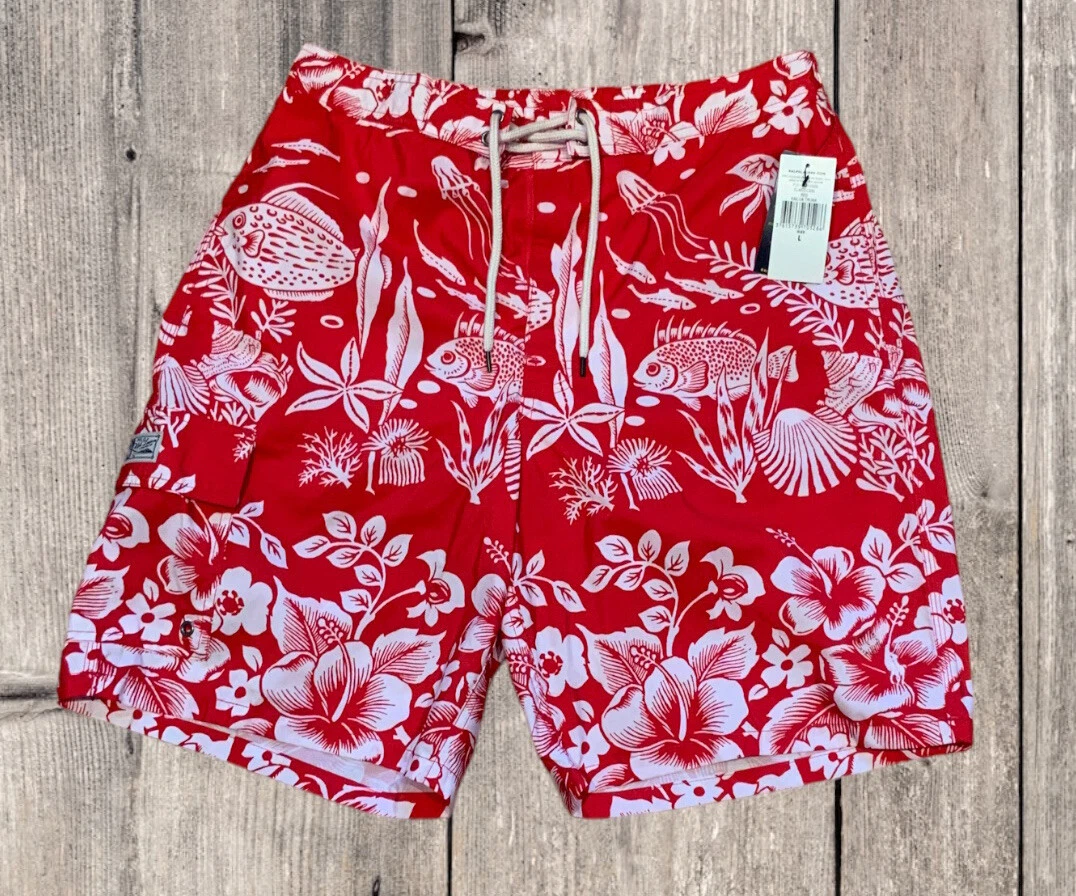 Polo Ralph Lauren Mens Red Kailua Swim Trunks Shorts M 30- 32 Hawaiian Fish