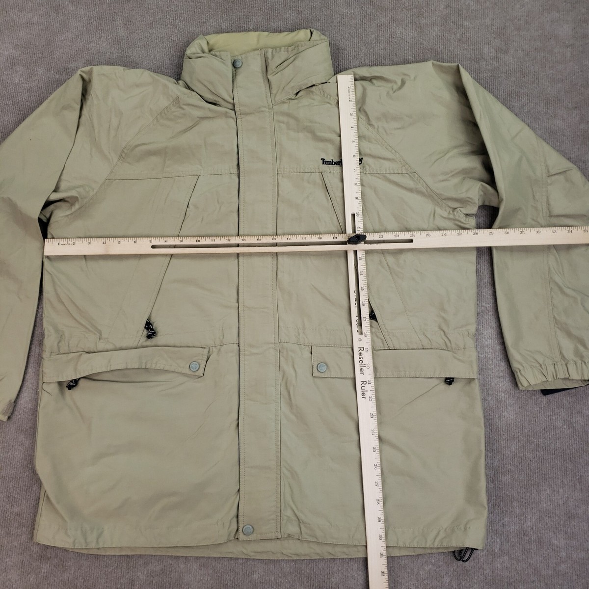 Timberland Full Zip Jacket Mens XL Beige Mock Neck Hidden Hood 
