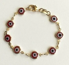 GOLD PLATED RED EVIL EYE BABY BRACELET 5.75"/PULSERA OJO BUENA SUERTE BEBE 5.75"