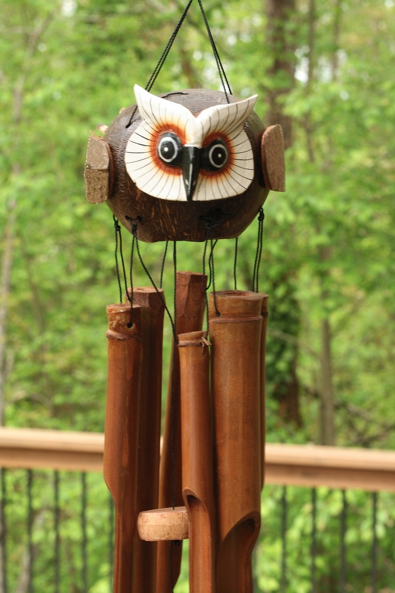 G6 Collection Wooden Handmade Owl House Wind Chime – Bamboo & Wood, 30 Inch Patio Decor