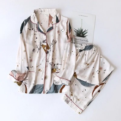 Spring Summer Home Sleepwear Pajamas Set Long Sleeve Trousers Floral Plus Size