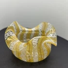 Vintage Murano Art Glass Yellow Gold Ribbon Zanfirico Latticino Footed Bowl