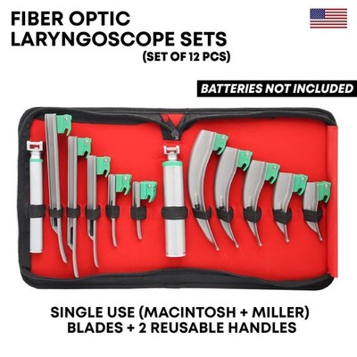 Set of 12 Fiber Optic Mac & Miller Laryngoscope + 2 Handles Intubation Kit