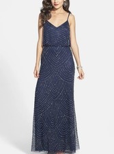 Adrianna Papell Dress Navy Blouson Beaded Sequin Chiffon Maxi Art Deco Size 6