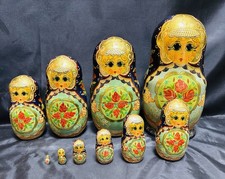 Signed 10 Piece Russian Matryoshka Hand Painted Nesting Doll Set 10.5 1993