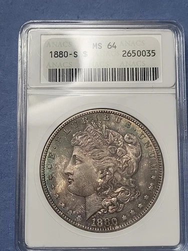 1880s Morgan Silver Dollar Anacs Ms64 Beautiful Toning Old Slab