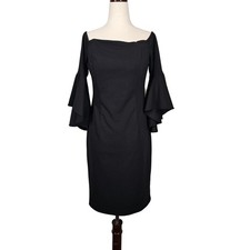 Calvin Klein Dress Womens 6 Black Off Shoulder Bell Sleeve Stretch Cocktail