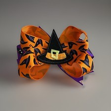 Girls Halloween Witch Hat Black Cat Grosgrain Hair Bow Clip Orange Purple
