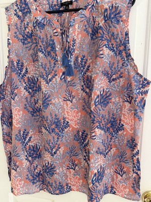 Talbots Plus 2X Coral Blue White Ocean Pattern Woven V-Neck Tassel Tie Blouse!