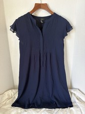 Forever 21 Classic Pleated Front Navy Polyester Button Front Cap Sleeve Dress M