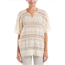 Cabi Ivory Lace Crochet Overlay Top or Swim Cover S M kimono Top Shirt Duster