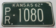 Vintage 1962 KANSAS License Plate Tag #1080 PRATT County Green PR