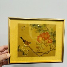 Signed Framed Silk Painting Chinese Art Bird Flower Blossoms Vintage Antique