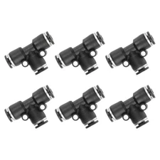6 Pcs 1/8" Tube OD t Shape 3 Way Push to Connect Fitting, Black