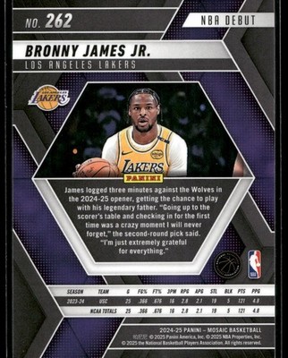 2024-25 Panini Mosaic Bronny James Jr. NBA DEBUT ROOKIE CARD