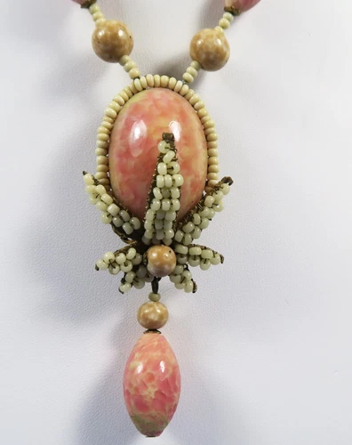 Miriam Haskell Vintage Coral art glass bead necklace w/medallion & Drop Earrings