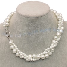 3 Rows 6mm 10mm South Sea White Shell Pearl Round Beads Jewelry Necklace 16-32''
