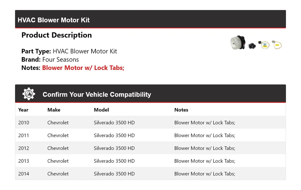 Kit de motor soprador HVAC Chevrolet Silverado 3500 HD 2010-2014 4 temporadas 2011 - Imagem 2 de 3