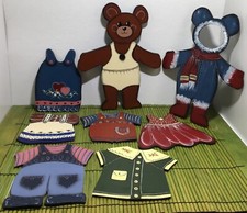 Wooden Teddy Bear and 7 Interchangeable Outfits Country Tole Art Hand Painted