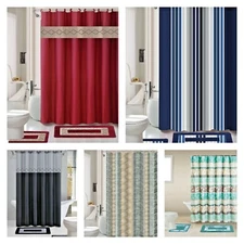 15PC SHOWER CURTAIN FABRIC HOOKS  BATH MATS RUGS COMPLETE BATHROOM SET GR2